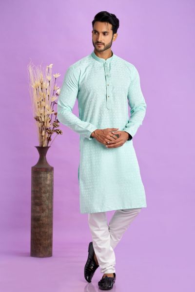 Blue Jaquard Silk Kurta Pajama (NMK-7564)