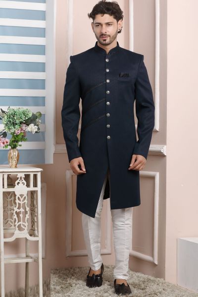 Blue Jaquard Silk Mens Indo Western (NMK-6188)