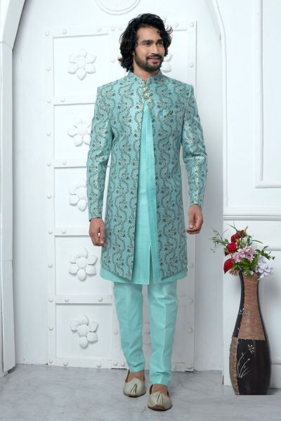 Blue Jaquard Silk Mens Indo Western (NMK-7176)