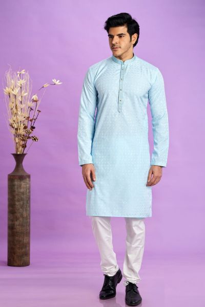 Blue Jaquard Silk Mens Kurta Pajama (NMK-7567)