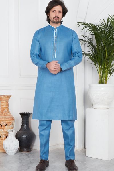 Blue Linen Cotton Kurta Pajama (NMK-7586)