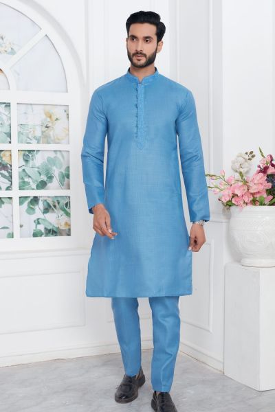 Blue Linen Cotton Kurta Pajama (NMK-7594)