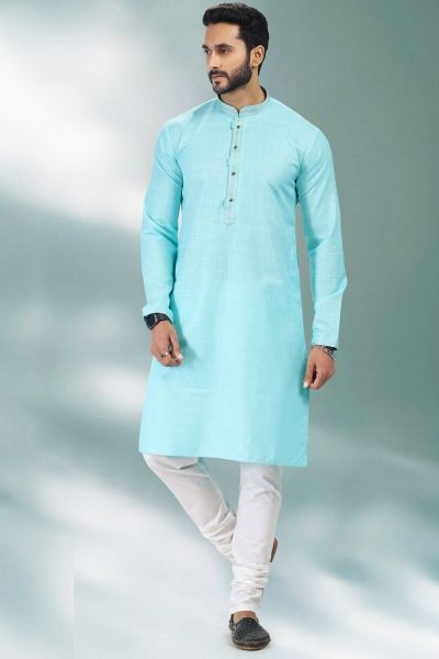 Blue Linen Cotton Mens Kurta Pajama (NMK-6740)