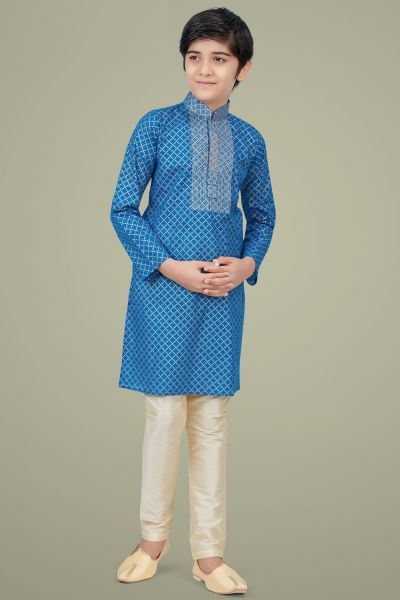 Blue Printed Cotton Silk Boys Kurta Pajama (NKK-714)