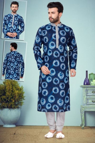 Blue Printed Cotton Silk Kurta Pajama (NMK-4856)