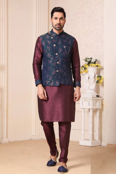 Blue, Wine Art Banarasi Silk Nehru Jacket (NMK-5650)