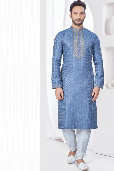 Blueish Grey Jaquard Kurta Pajama (NMK-7819)