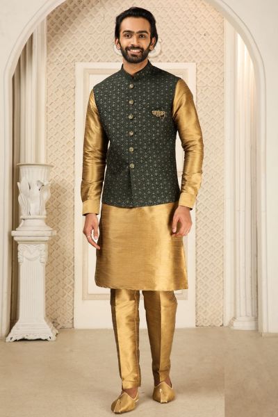 Bottle Green Art Banarasi Silk Nehru Jacket (NMK-6301)