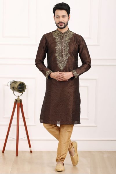 Brown Art Banarasi Silk Kurta Pajama (NMK-7022)