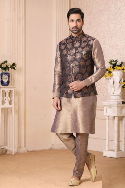 Brown Art Banarasi Silk Nehru Jacket (NMK-5636)