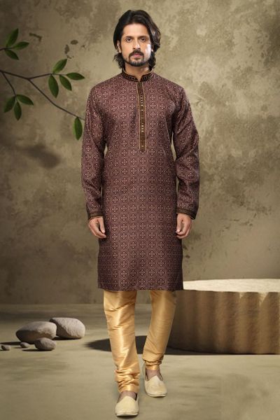 Brown hand loomed Cotton Kurta Pajama (NMK-6134)