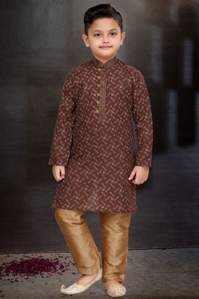 Coffee Cotton Printed Boys Kurta Pajama (NKK-788)