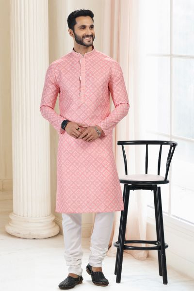 Cotton Digital Print Peach Kurta for Men (NMK-6676)