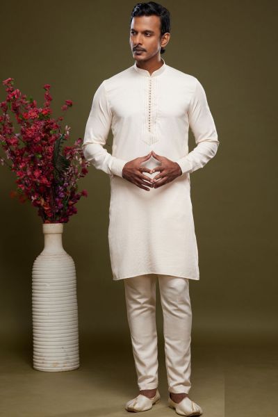 Cream Art Banarasi Silk Casual Kurta Pajama (NMK-7074)