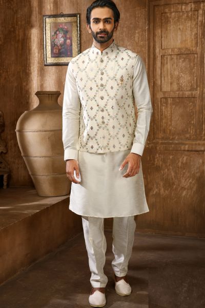 Cream Art Banarasi Silk Mens Nehru Jacket (NMK-6371)