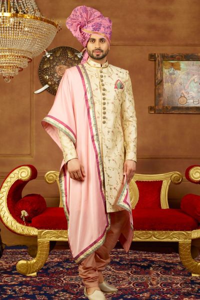 Cream Art Banarasi Silk Mens Sherwani (NMK-3905)