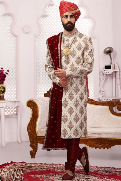 Cream Art Banarasi Silk Mens Sherwani (NMK-5536)