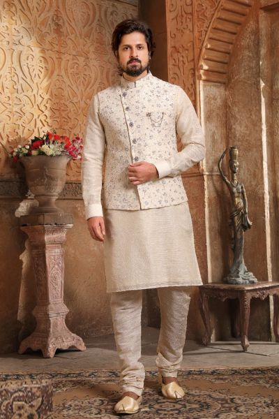 Cream Art Banarasi Silk Nehru Jacket (NMK-5619)