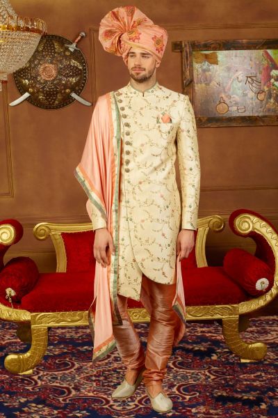 Cream Art Banarasi Silk Sherwani for Men (NMK-3907)