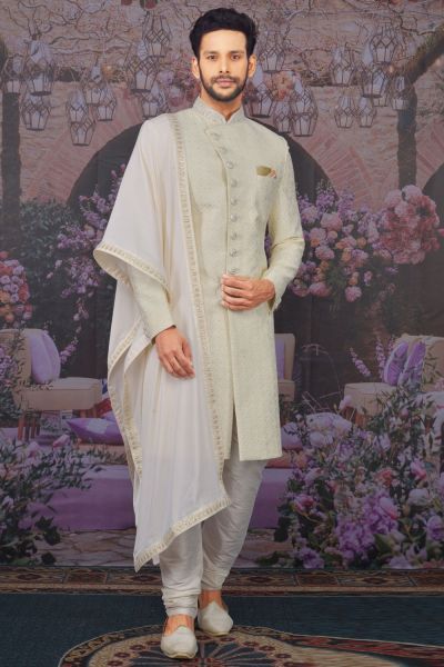 Cream Art Banarasi Silk Sherwani (NMK-4781)