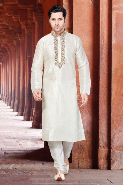 Cream Art Dupion Kurta Pajama (NMK-2961)