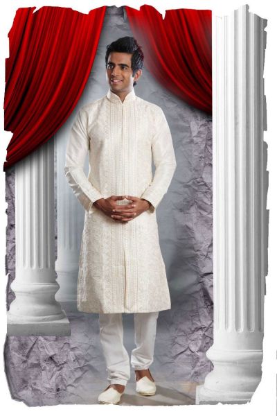 Cream Art Dupion Mens Kurta Pajama (NMK-1344)