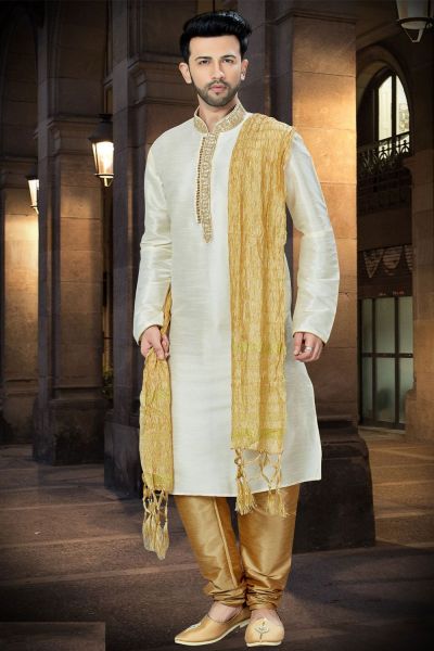 Cream Art Dupion Regular Kurta Pajama (NMK-3805)