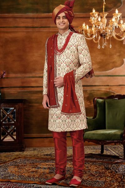 Cream Art Embroidered Silk Mens Sherwani (NMK-6405)