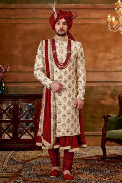 Cream Art Embroidered Silk Sherwani (NMK-6374)