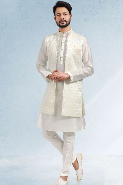 Cream Art Silk Embroidered Mens Indo Western (NMK-6465)