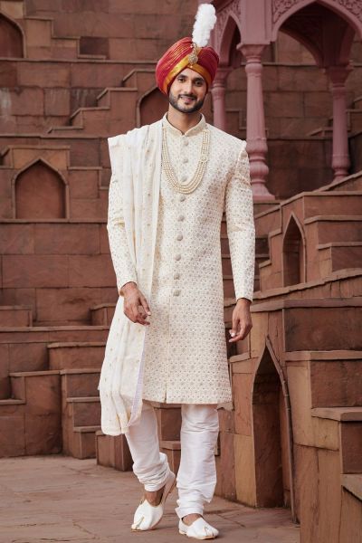 Cream Art Silk Grooms Sherwani (NMK-7153)