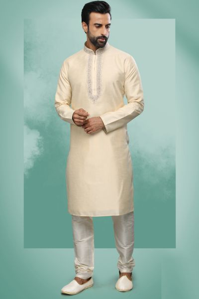 Cream Art Silk Mens Kurta Pajama (NMK-6423)