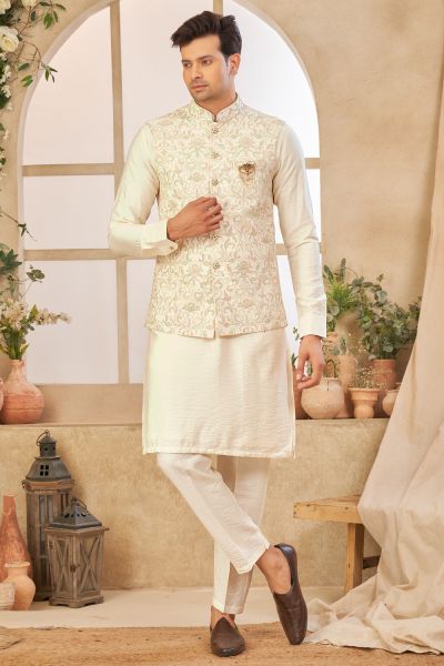 Cream Art Silk Mens Nehru Jacket (NMK-8049)