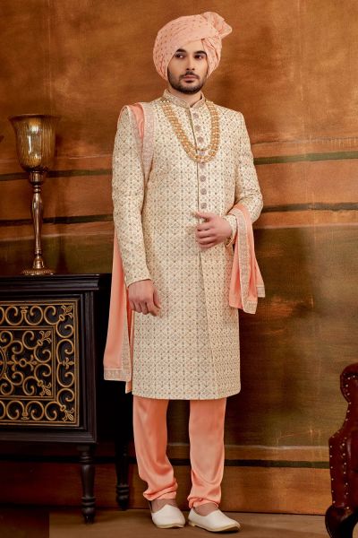 Cream Art Silk Mens Sherwani (NMK-6386)