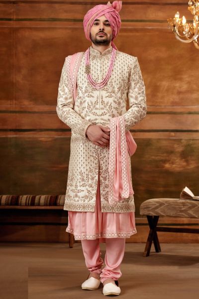 Cream Art Silk Mens Sherwani (NMK-6394)