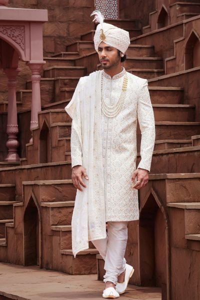 Cream Art Silk Mens Sherwani (NMK-7159)