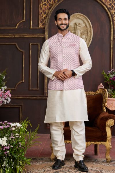 Cream Art Silk Nehru Jacket (NMK-7949)