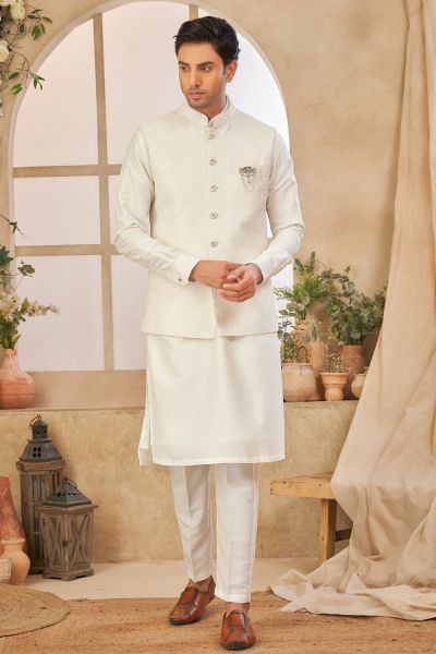 Cream Art Silk Nehru Jacket (NMK-8044)