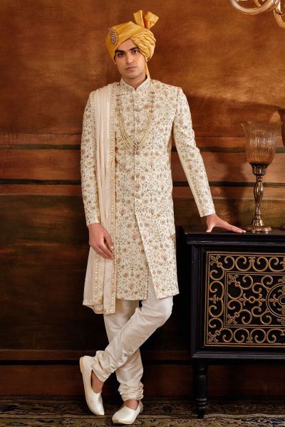 Cream Art Silk Sherwani for Men (NMK-6400)