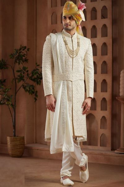 Cream Art Silk Sherwani for Men (NMK-7624)