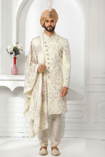 Cream Art Silk Sherwanis for Men (NMK-6252)