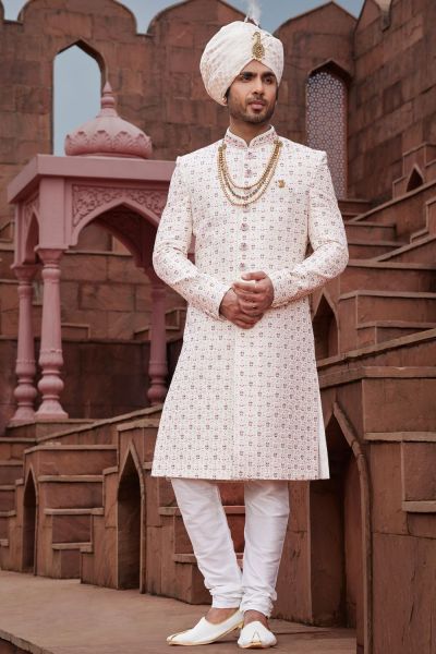 Cream Art Silk Wedding Mens Sherwani (NMK-7167)