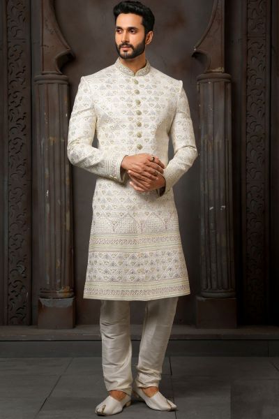 Cream Art Silk Wedding Sherwani (NMK-6239)