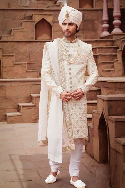 Cream Art Silk Wedding Sherwani (NMK-7165)