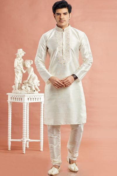 Cream Banarasi Art Silk Kurta Pajama (NMK-7929)