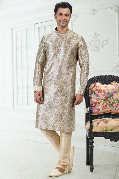 Cream Banarasi Silk Kurta Pajama (NMK-6706)