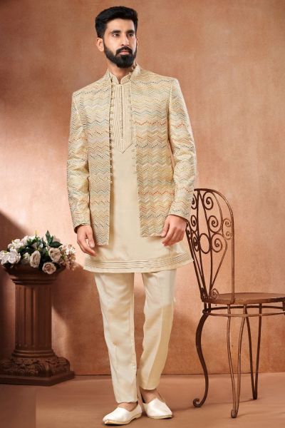 Cream Banarasi Silk Mens Jodhpuri (NMK-7274)