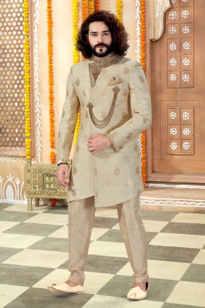 Cream Banarasi Silk Sherwani (NMK-4299)