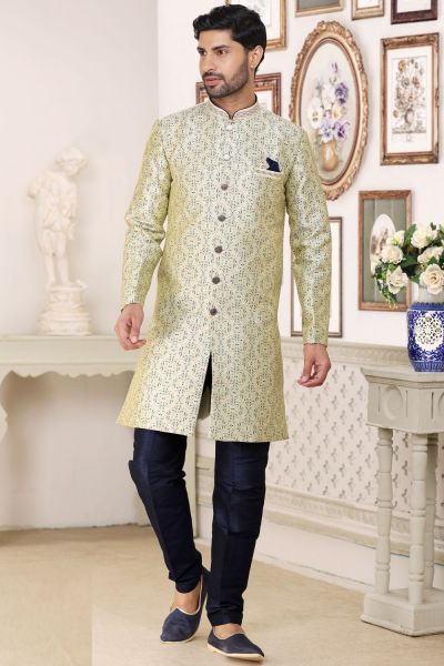 Cream Blue Banarasi Jaquard Indo Western (NMK-6886)