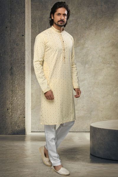 Cream Cotton Mens Kurta Pyjama (NMK-6141)